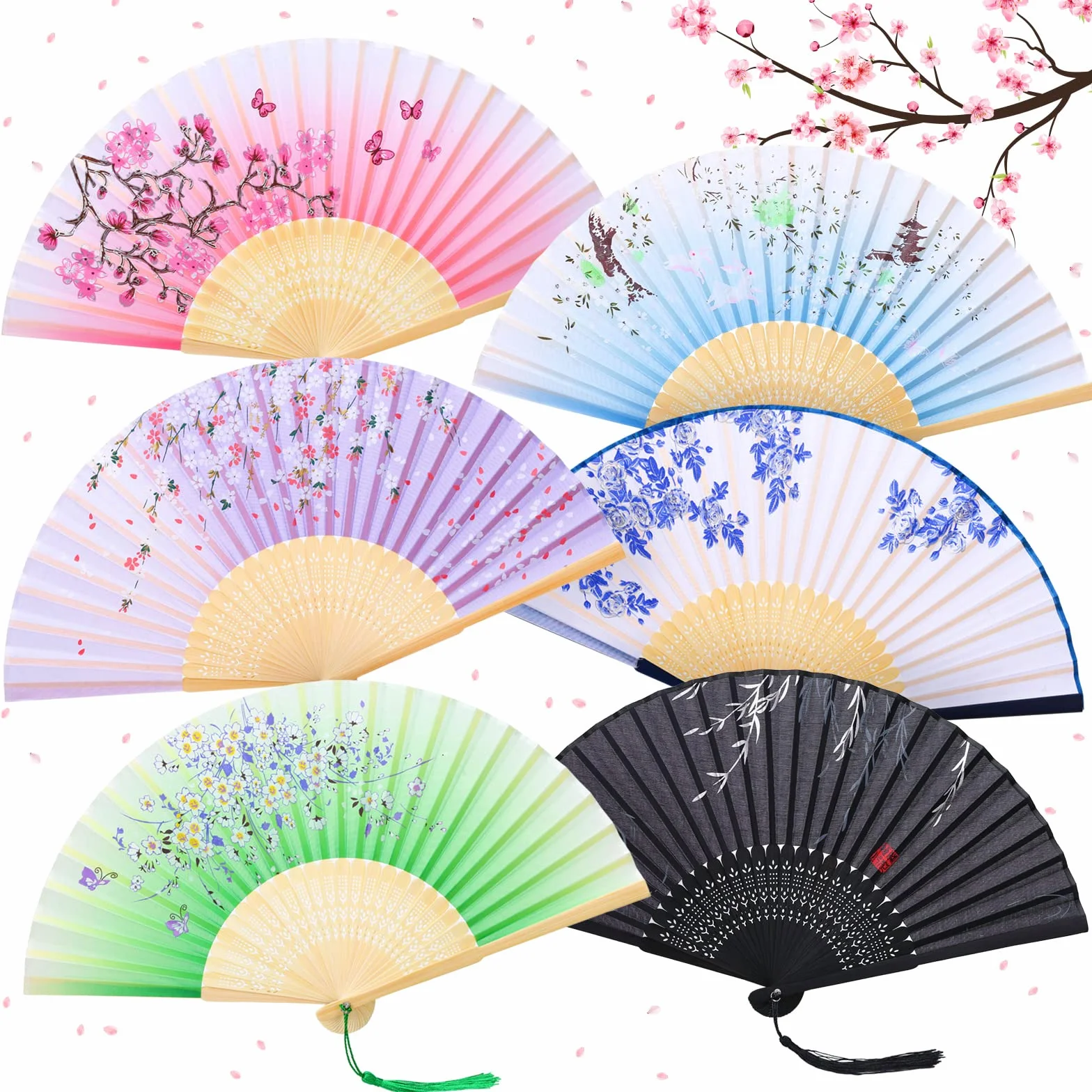 Éventails Pliants 6Pcs Eventail Japonais en Soie et Bambou avec Frange pour Décoration Mariage