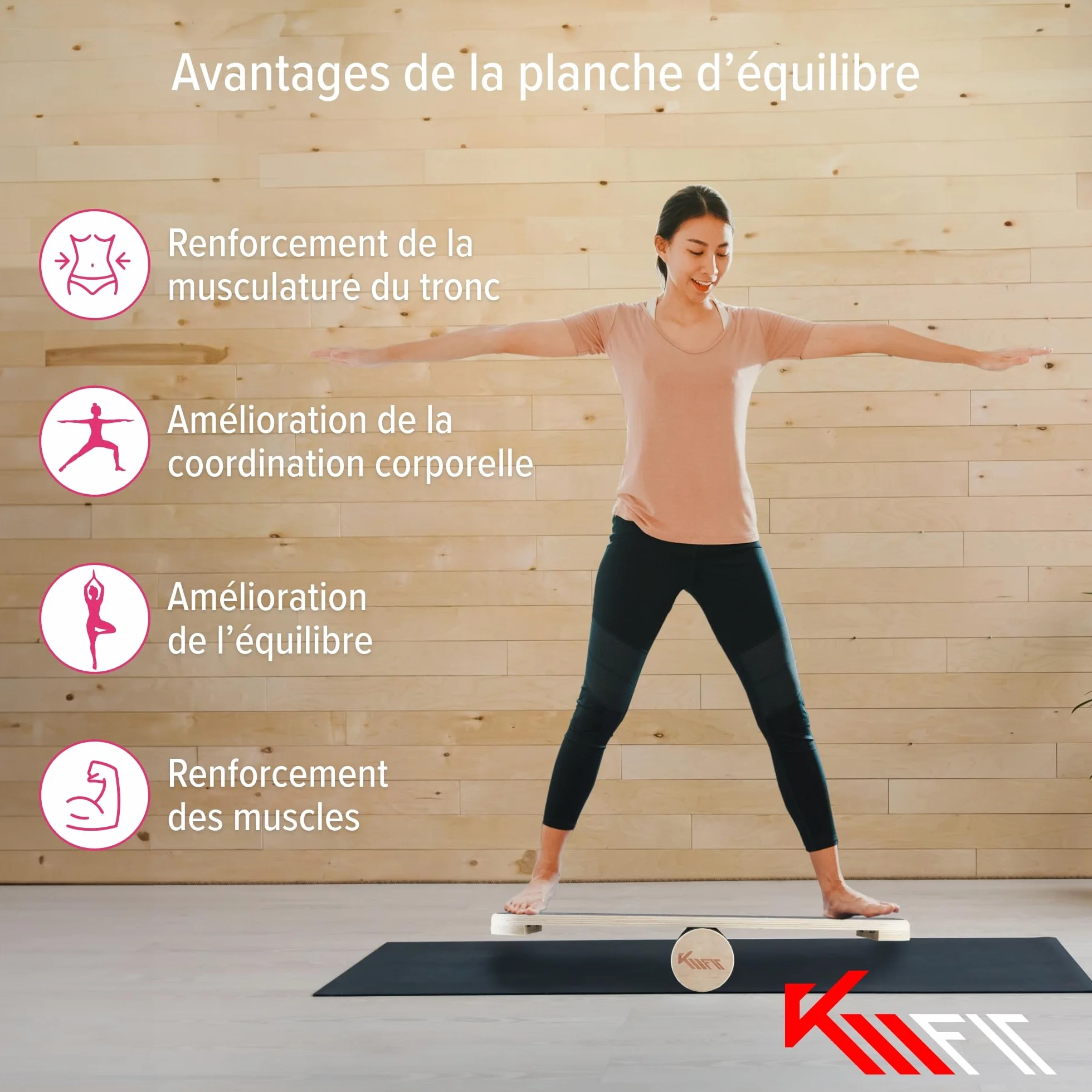 Planche d'équilibre en bois KM-Fit pour entraînement de force et équilibre