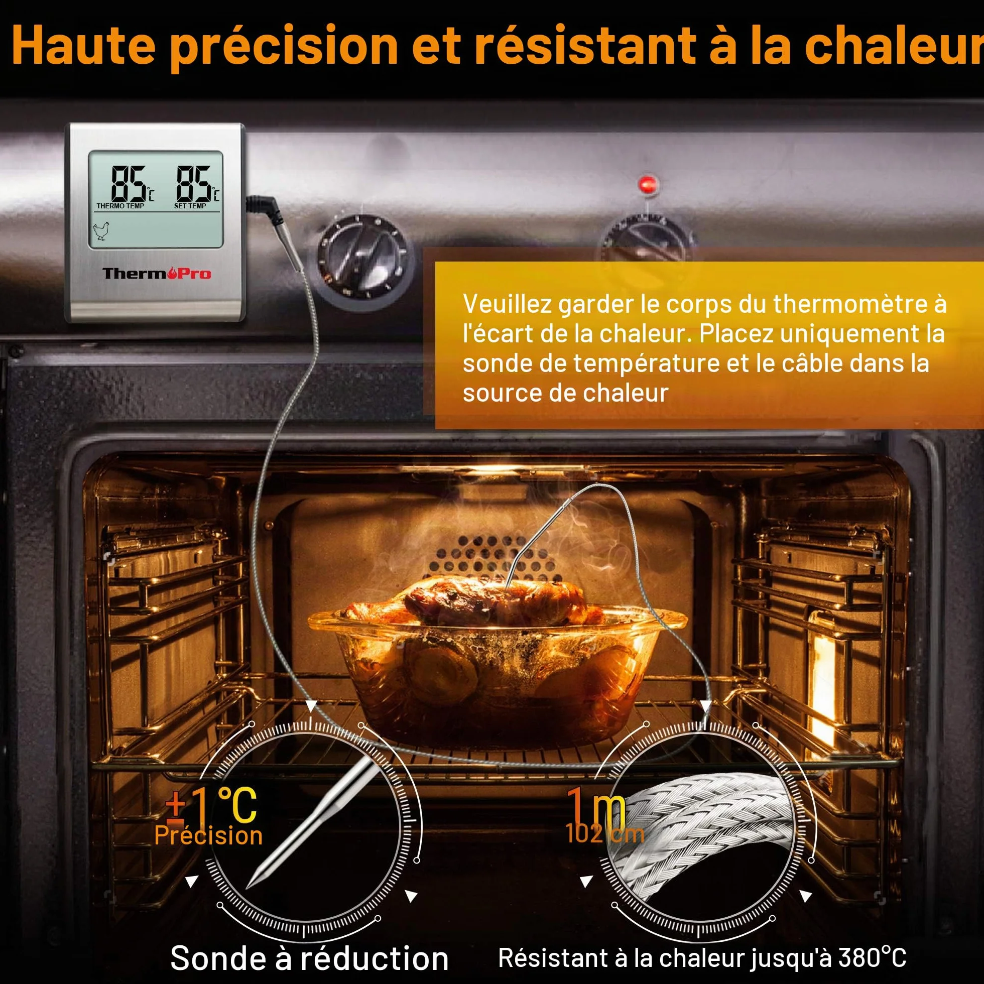 ThermoPro TP16 Thermomètre Cuisine Numérique avec Sonde de Température Acier Inoxydable