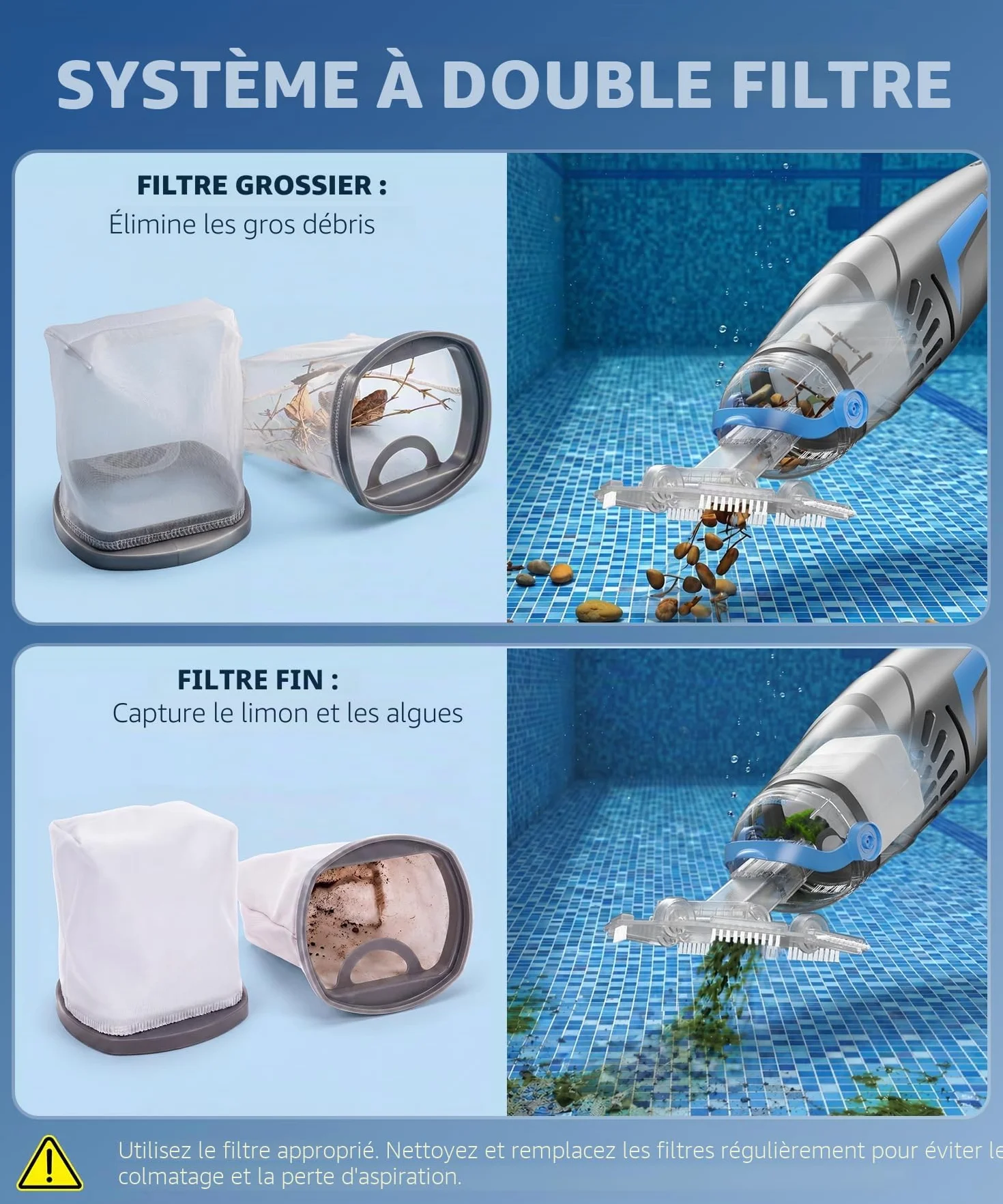 Aspirateur Piscine sans Fil 26,5 GPM IPX8 Balai Rechargeable avec 2 Têtes et 4 Sacs Filtrants