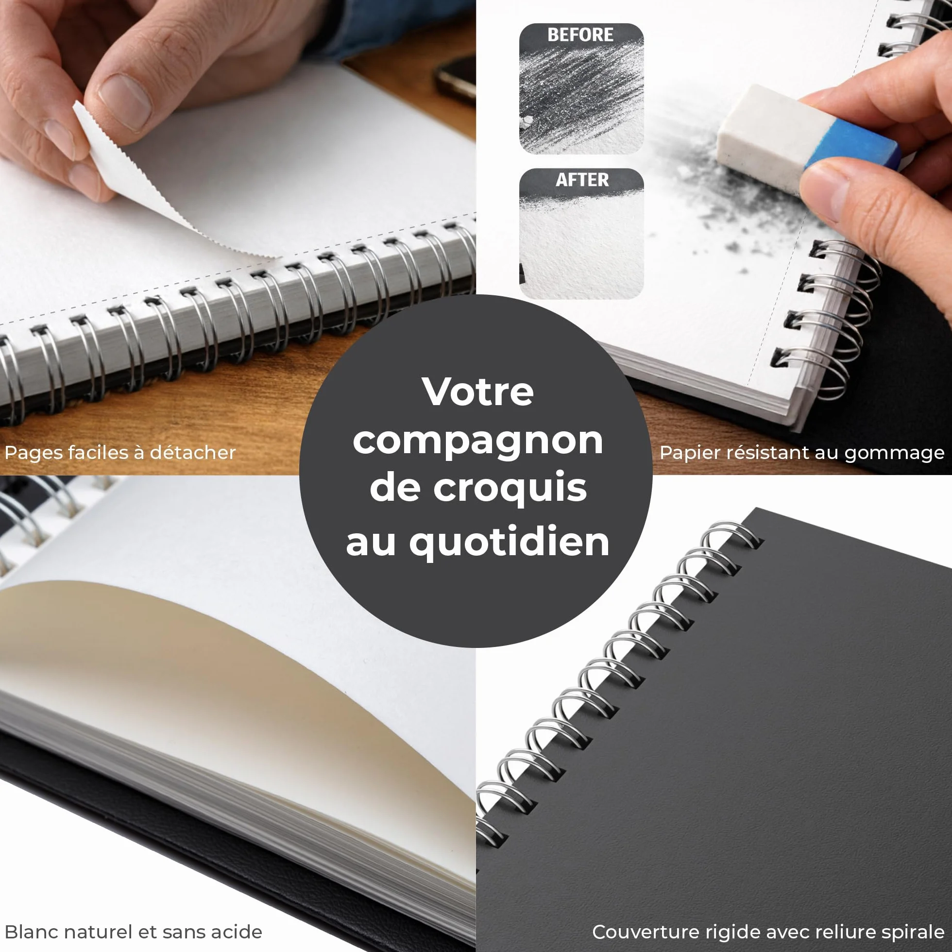 Carnet de Croquis A4 200 g/m² 100 Pages Spirale Couverture Rigide pour Crayon Fusain Graphite Pastel