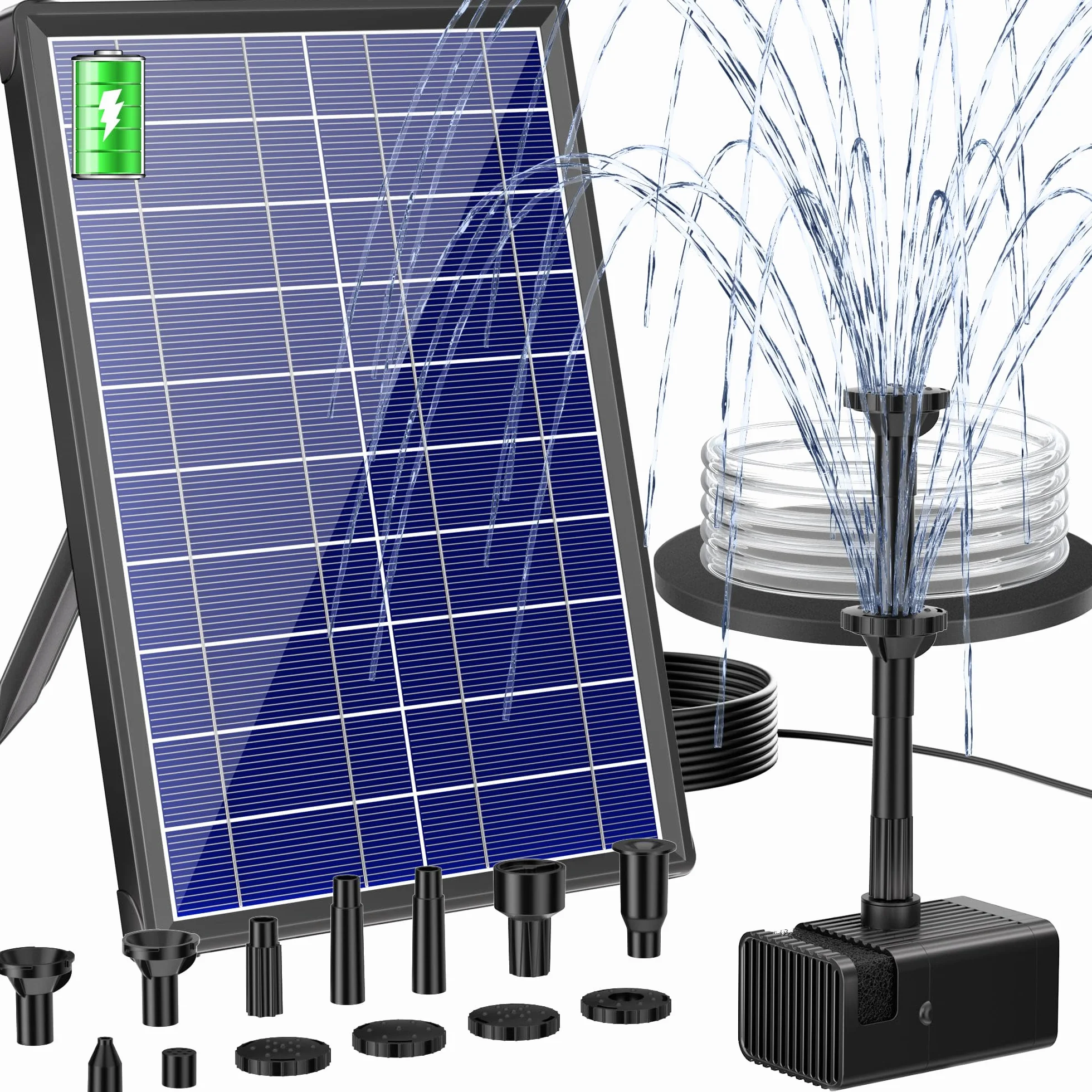 Pompe Solaire Bassin 7.5W avec Batterie, Fontaine Solaire Extérieur 10 Buses, Pompe à Eau Silencieuse pour Bain d'oiseaux