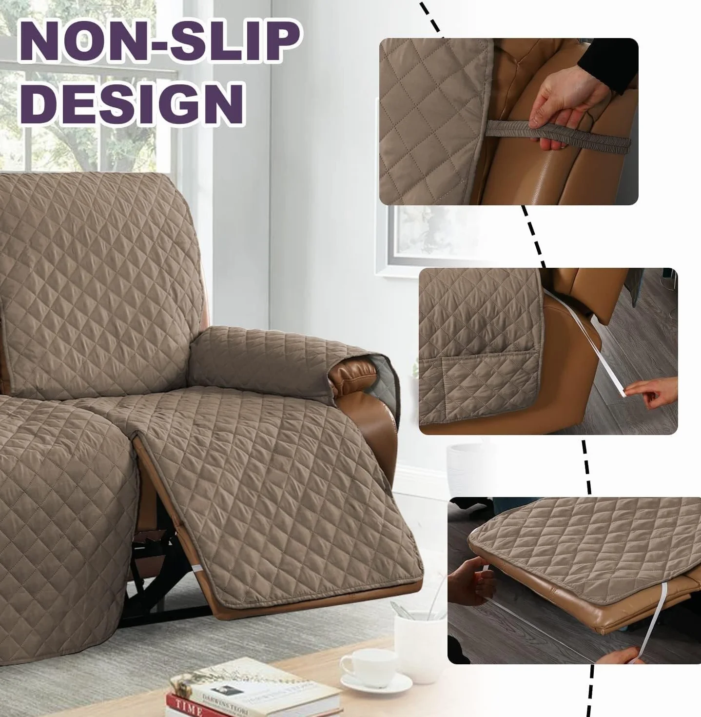 Housse de Fauteuil Relax Antidérapante 3 Places Canapé Taupe