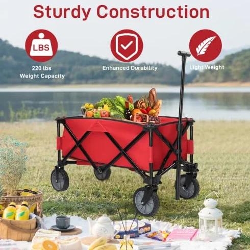 Bonnlo Chariot Pliable a Roulette pour Jardin 100 kg Rouge Tissu Oxford 600D Cadre Acier Allié