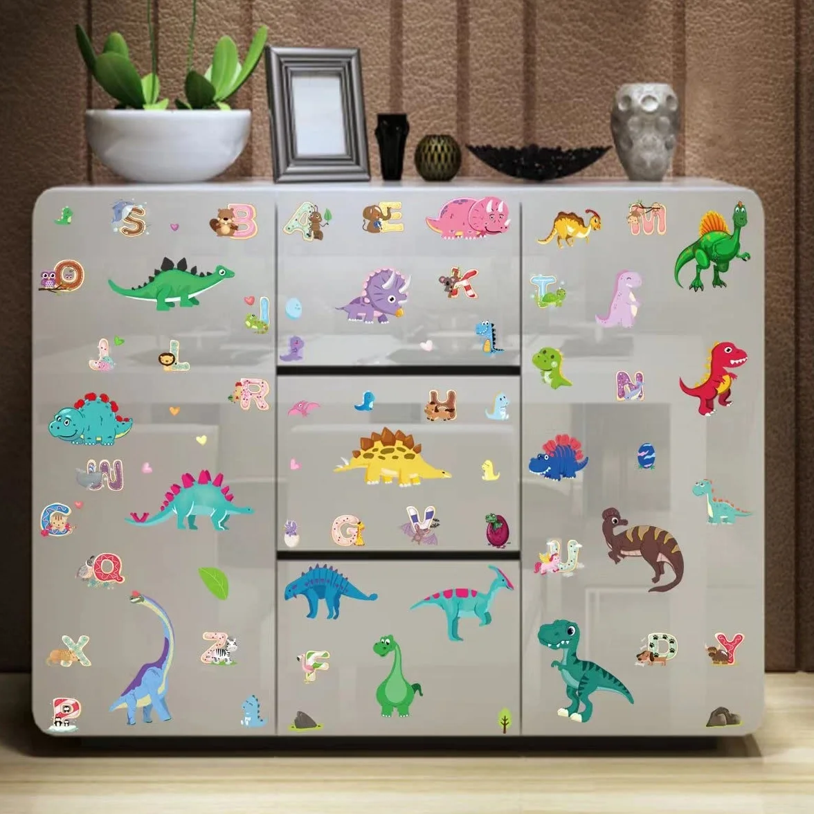 Stickers fenêtre enfant DINOSAURE LETTRES réutilisable 70 pièces autocollant vitres décoratifs animaux jungle