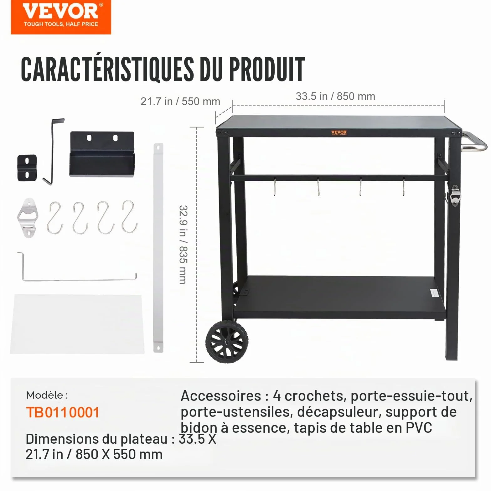 VEVOR Desserte Plancha 2 Niveaux Chariot Barbecue Table sur Roulettes 85x55x83,5 cm