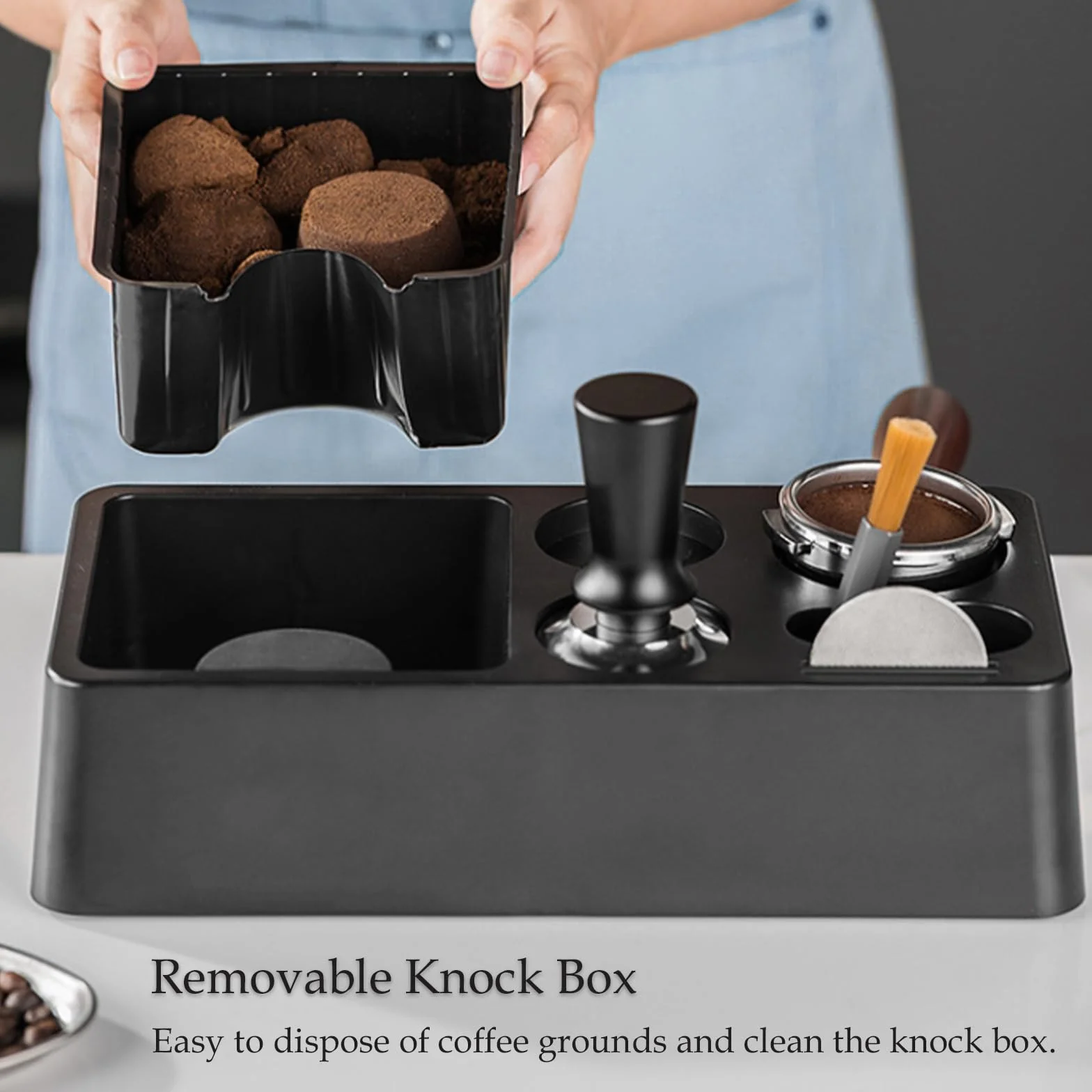 Station Tassage Café avec Knock Box, Tamper 51-58,5mm, Distributeur Café, Accessoires pour Machine à Café Barista
