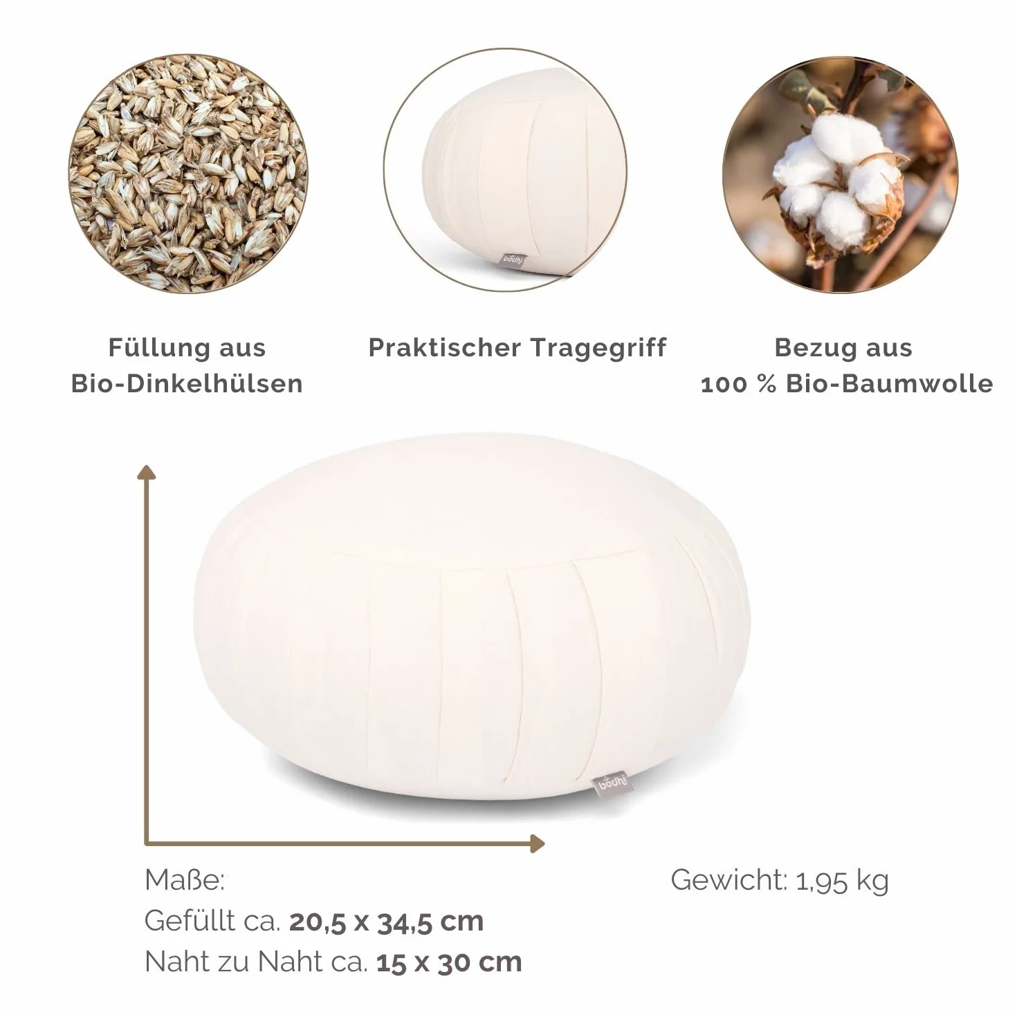 Bodhi Coussin de méditation Zafu ECO Rond avec Plis | Housse en Coton 100% Biologique | Coussin Garni d'épeautre Biologique | Hauteur d'assise 20 cm