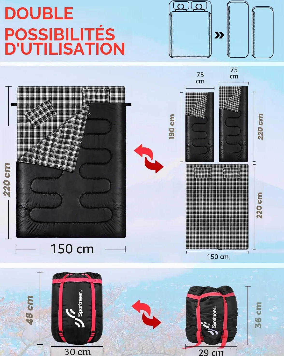 Sportneer Sac de couchage double extérieur 2 personnes 3 saisons 220 x 150 cm 2,75 kg avec 2 oreillers