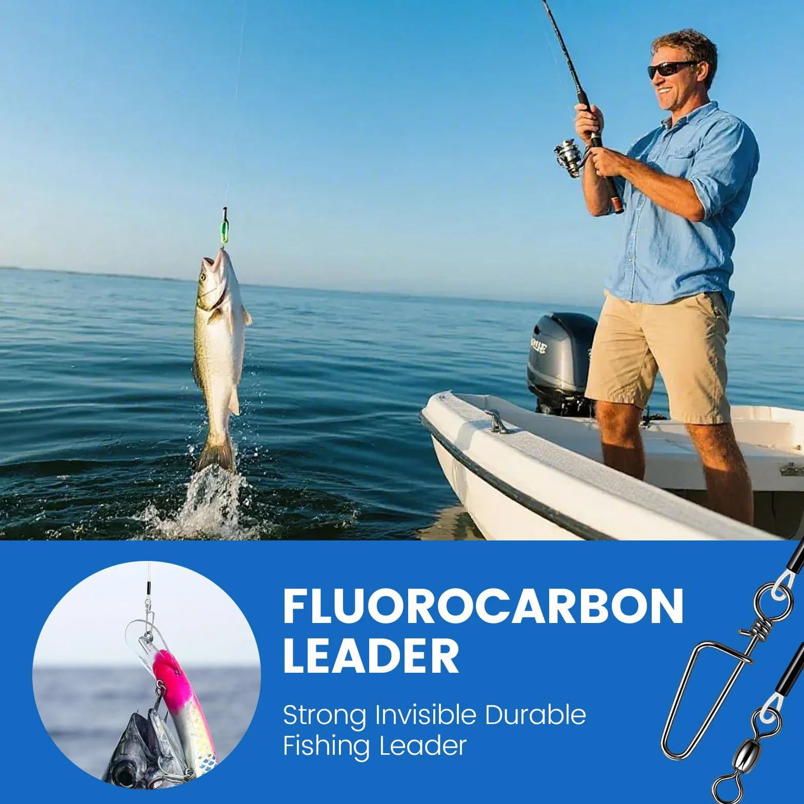 Lot de 15 leaders en fluorocarbone avec émerillon et mousqueton - Transparent - Pour brochet, truite, pêche à la pêche - 30 cm