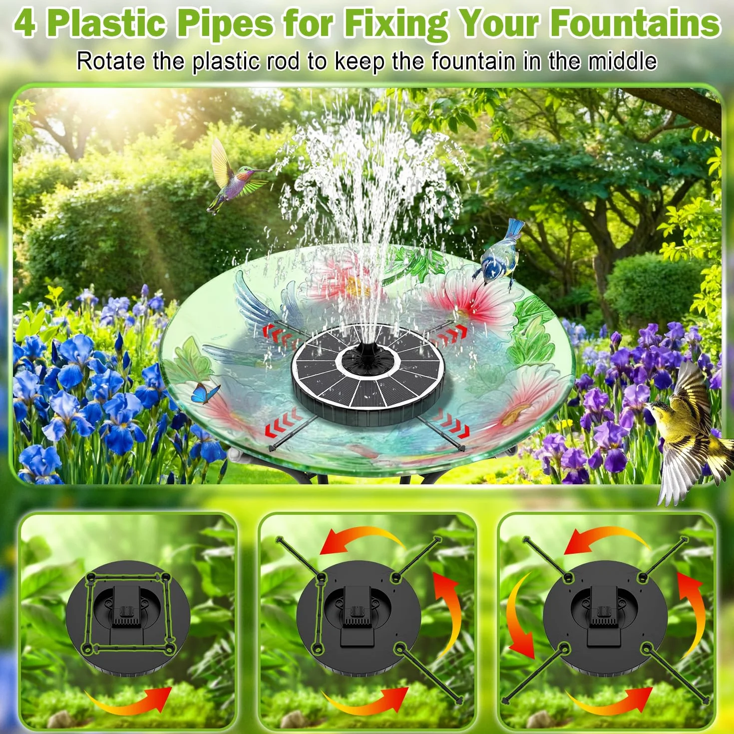 Fontaine Solaire Extérieure Flottante 3.5W Pompe Bassin Jardin 3 Hauteurs Jet 8 Buses 4 Tiges Rotative