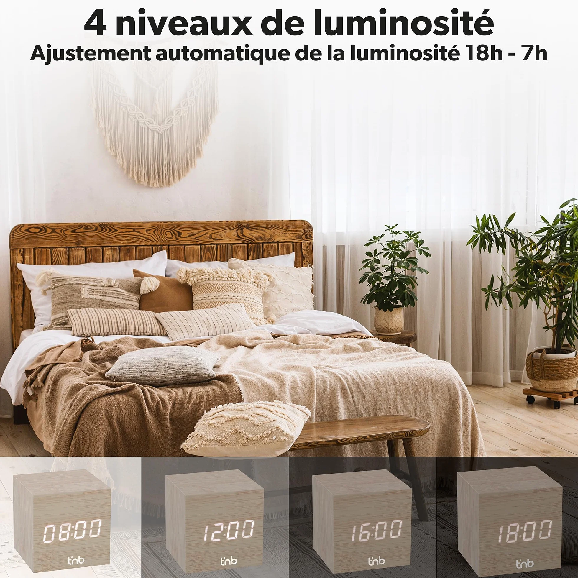 T'nB Cube Réveil Numérique 3 Alarmes Programmables Activation Tactile Vocale Affichage Heure Date Température Luminosité Réglable Bois