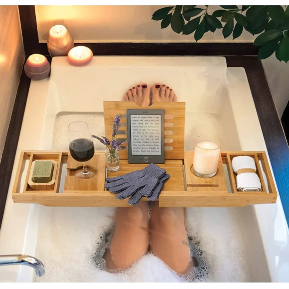 Plateau de Bain en Bambou Extensible 75-109cm avec Rangement et Porte-Savon