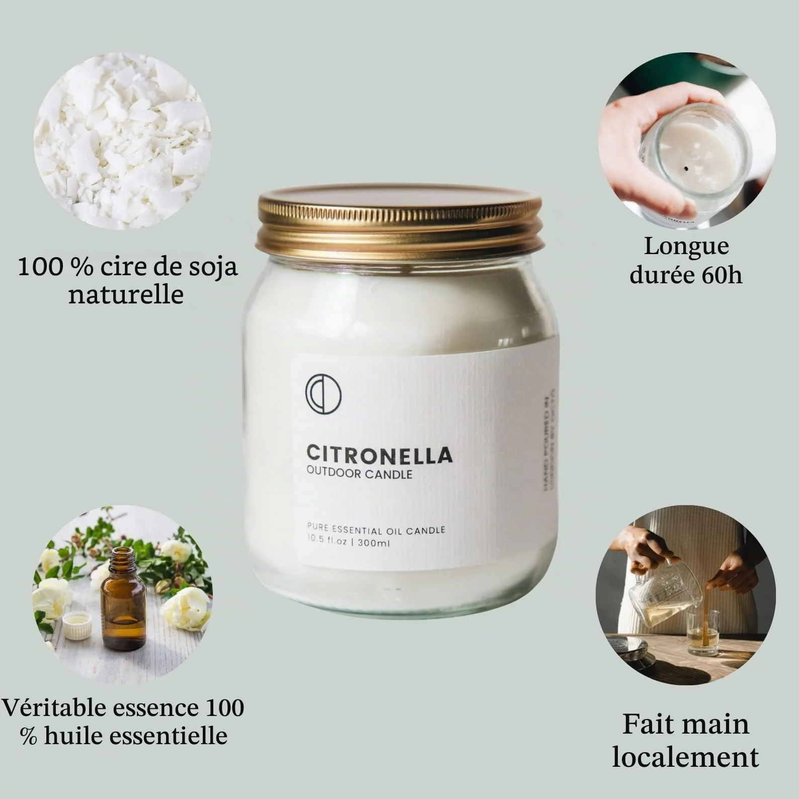OCTO Bougie parfumée à la citronnelle 300 ml - 60 heures à la cire de soja et huiles essentielles