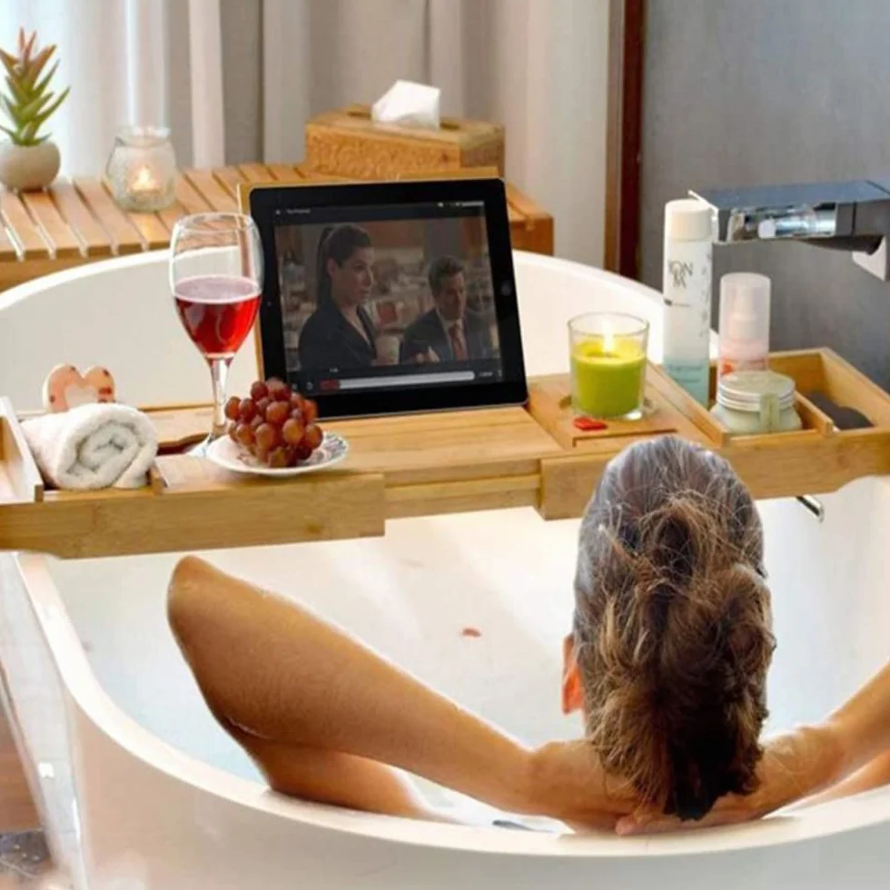 Plateau de Bain en Bambou, Pont de Baignoire Extensible, Etagère avec Rangement et Porte-Savon, 75-109cm