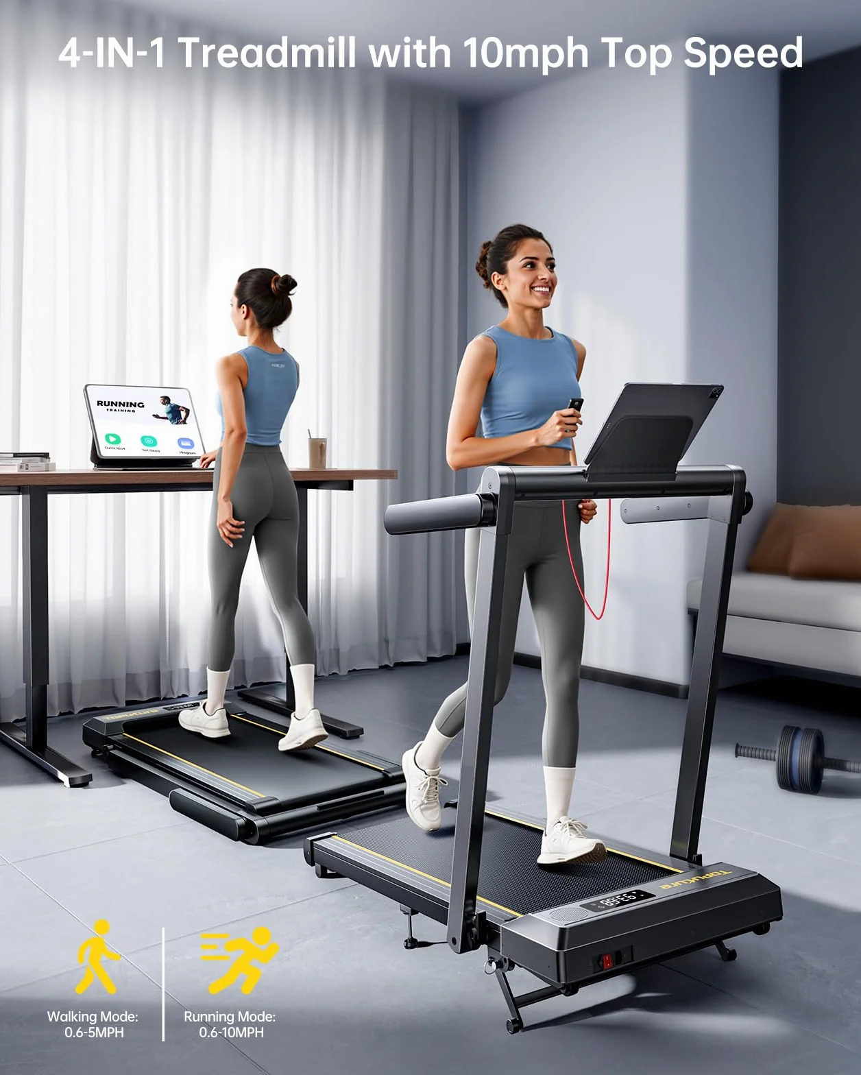 Tapis de Course, Vitesse Max 16 km/h, réglage de la Pente à 3 Vitesses, Max Pente 12%, Bande de Course Large 42cm, 2.5 HP, Tapis de Course électrique Pliable, Double écran LED, Mesure de la fréquenc