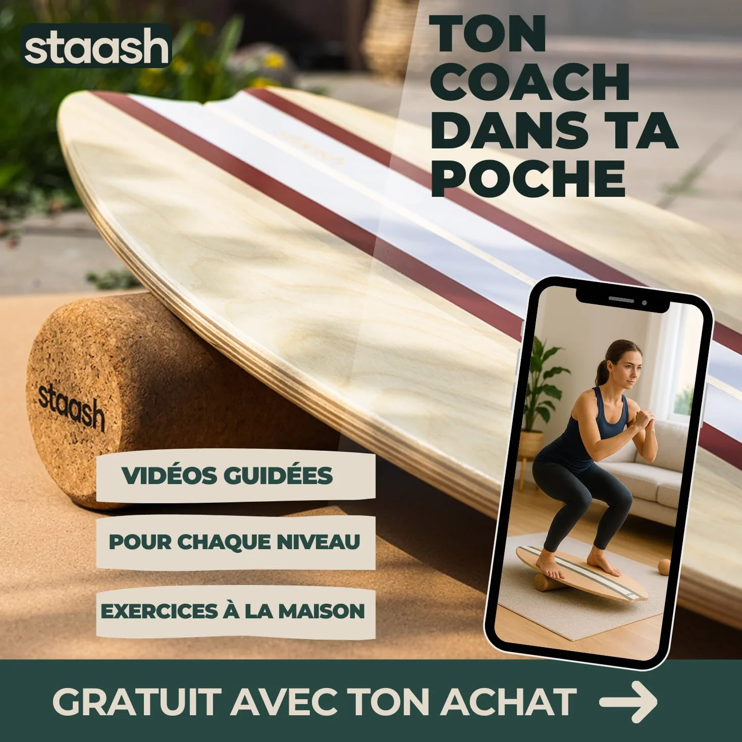 STAASH Balance Board en Bois Premium – Planche d'Équilibre Antidérapante avec Rouleau en Liège pour Surf, Fitness, Yoga et Rééducation