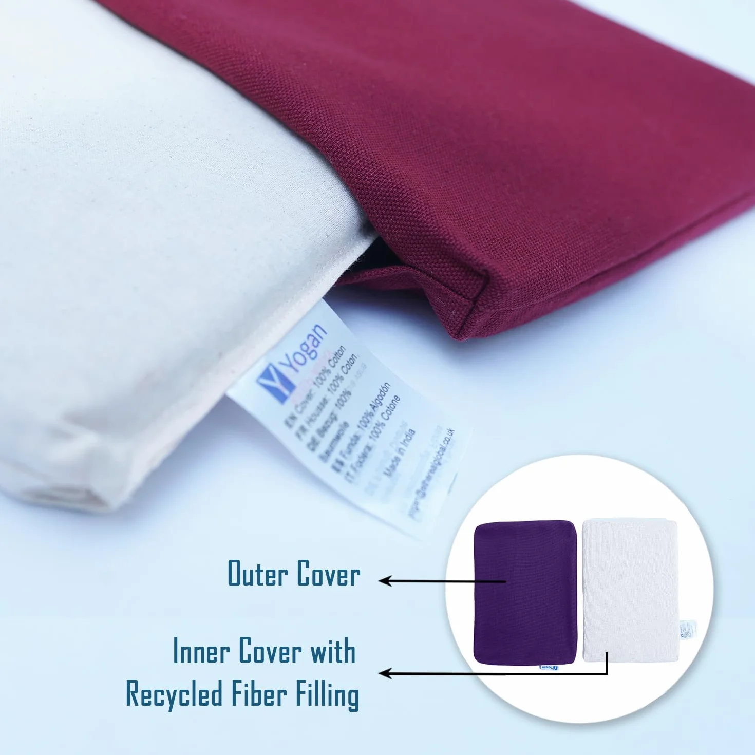 Yogan Coussin de tête pour yoga/pilates | Housse extérieure en coton bio (amovible et lavable) | Housse intérieure avec rembourrage en fibre recyclée | 30 x 20 x 2,5 cm