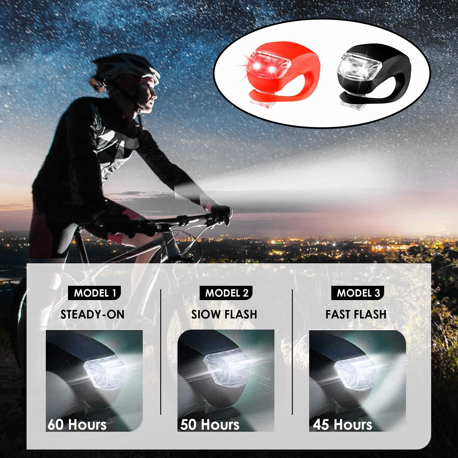 6 Lumières Vélo LED + 5 Piles CR2032 – Feux Avant & Arrière Étanches en Silicone – 3 Modes – Éclairage Vélo Rouge/Blanc pour Cyclisme de Nuit, Jogging, Sécurité Extérieure (A)