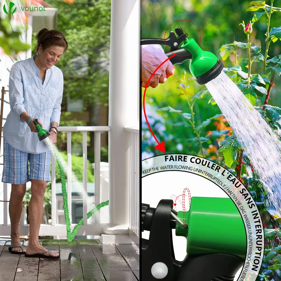 VOUNOT® Tuyau d'Arrosage Extensible 30m 1/2" 3/4" 10 Modes de Pulvérisation Anti-Fuite Raccord Sac de Rangement Vert