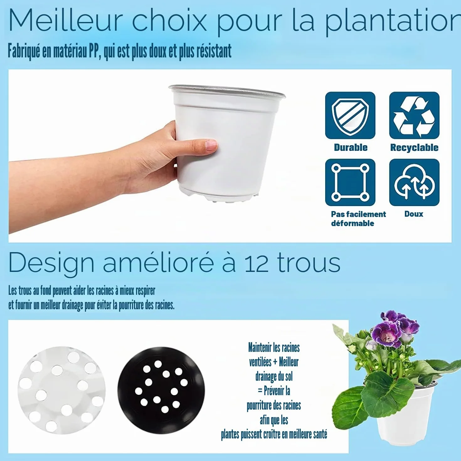 50 Pièces 15cm Pots de Fleurs en Plastique Blanc Léger pour Semis et Pépinière (15 x 13cm)