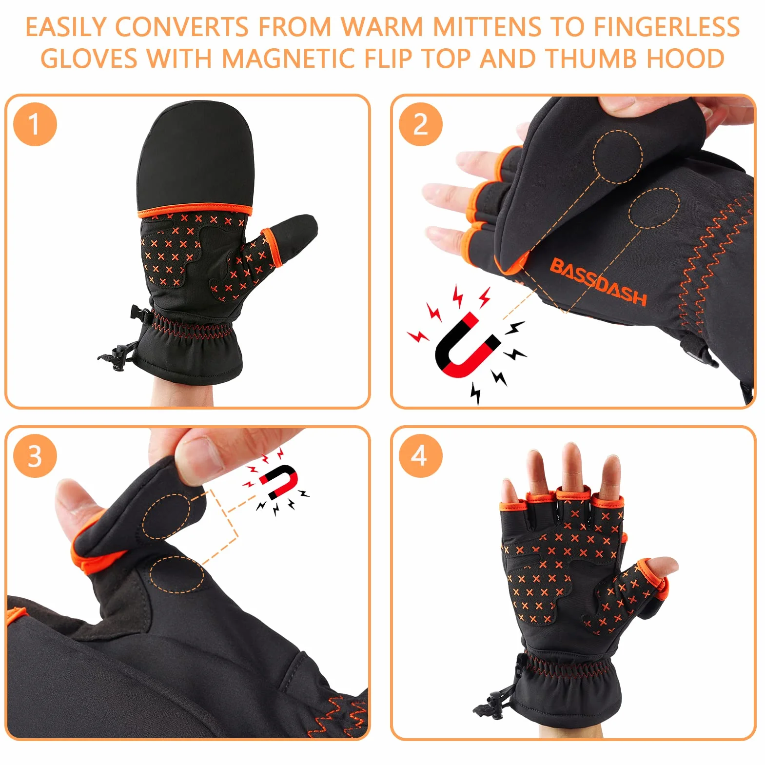 Bassdash WinteFlex Moufles Convertibles de pêche sur Glace isolées Temps Froid Gants sans Doigts en Polaire Résistant à l'eau pour Hommes Femmes Chasse Photographie Randonnée