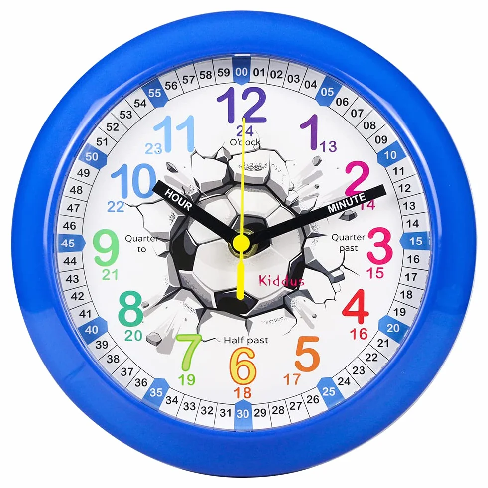Kiddus Horloge Murale Éducative Enfants Analogique Time Teacher Quartz Silencieux English Football