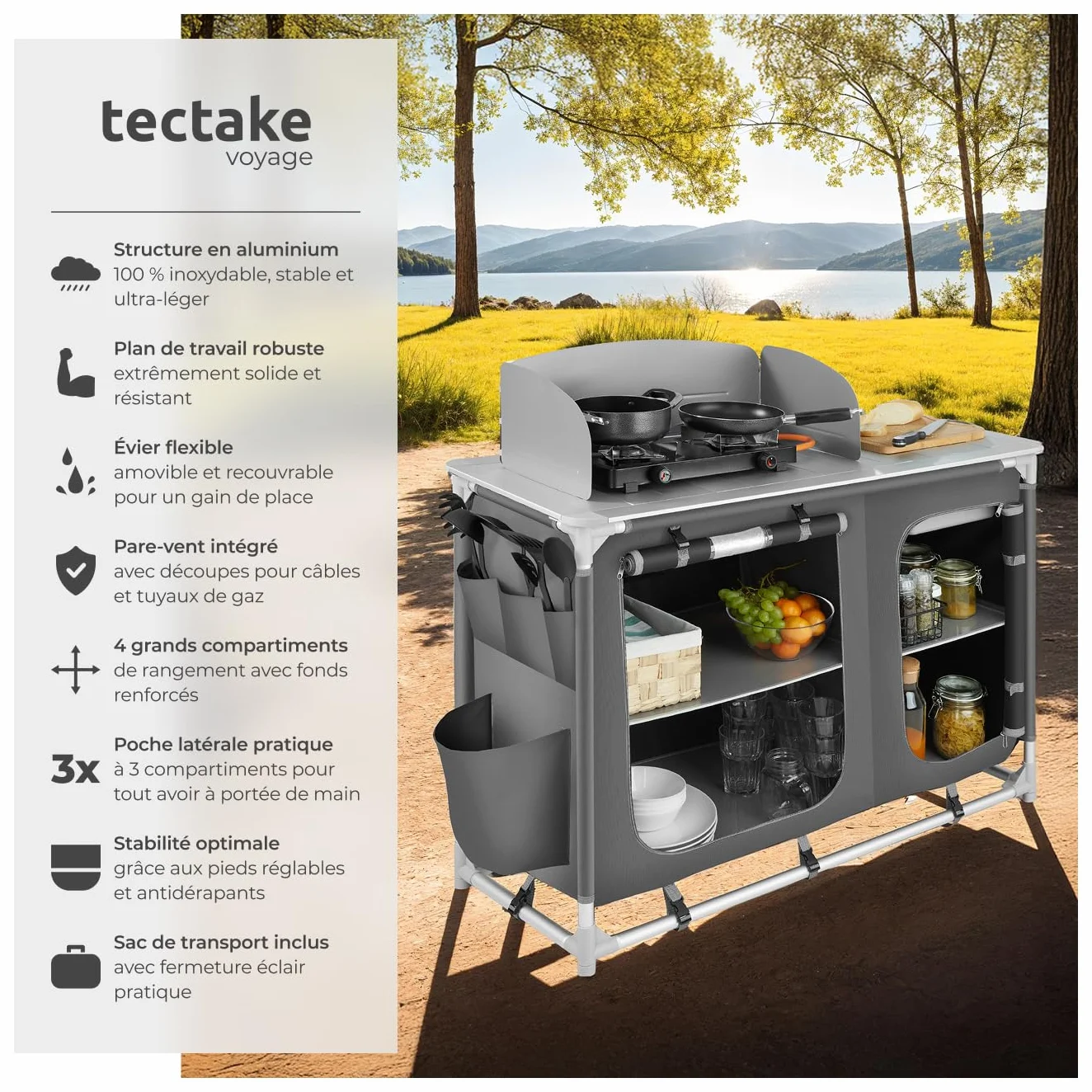 tectake® Meuble de Rangement Cuisine de Camping Pliable en Aluminium, avec Étagères, Plan de Travail, Pieds réglables, Sac de Transport Inclus, Stockage pour Vaisselle, Accessoires Cuisine, Aliments