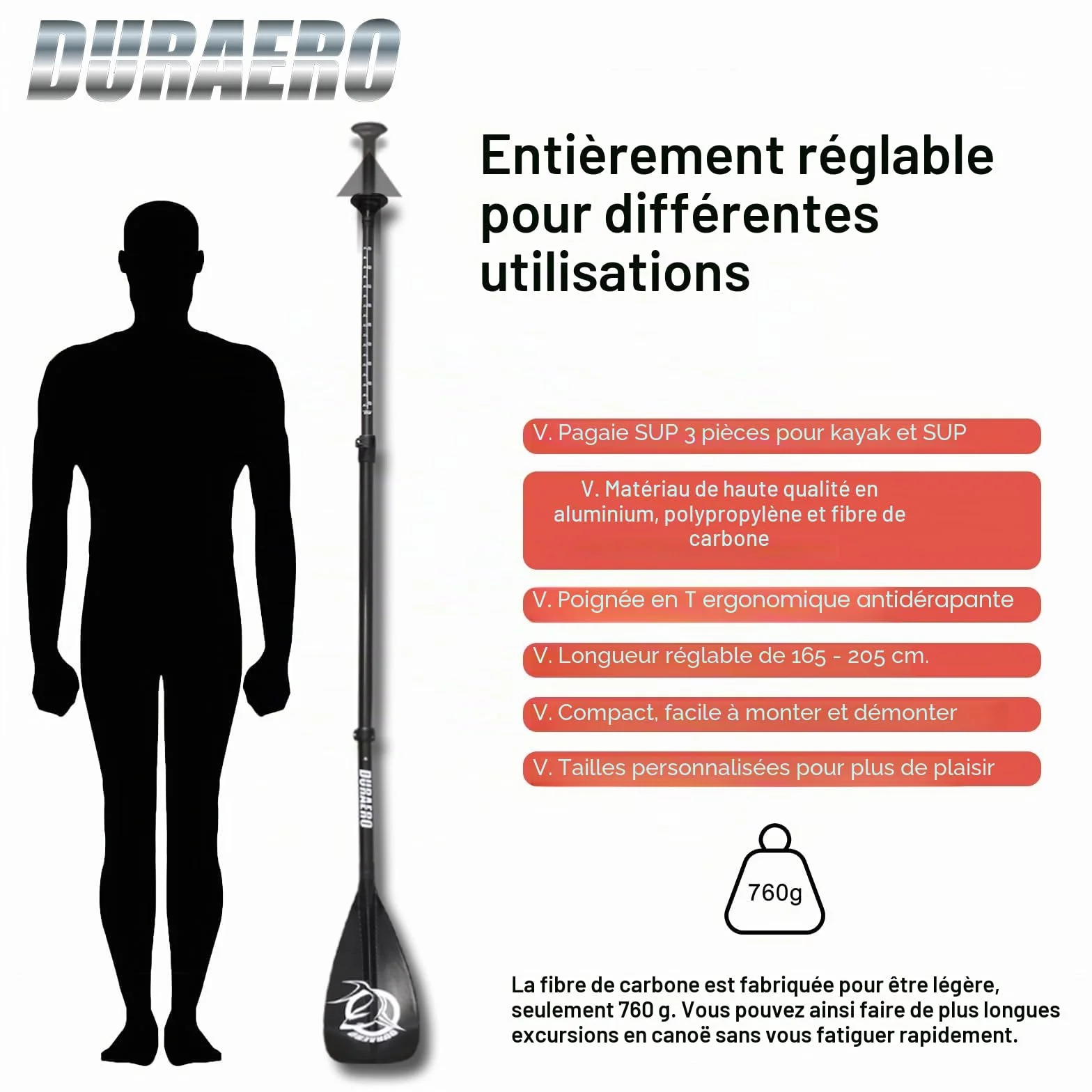 Pagaie Carbone avec Sac - 3 Pièces pour Sup Kayak Stand Up Paddle Board Professional Speed ​​- Légère 760 g Pagaie Télescopique Réglable 165 cm - 205 cm Paddle Kajak Surfboard Plug-in System