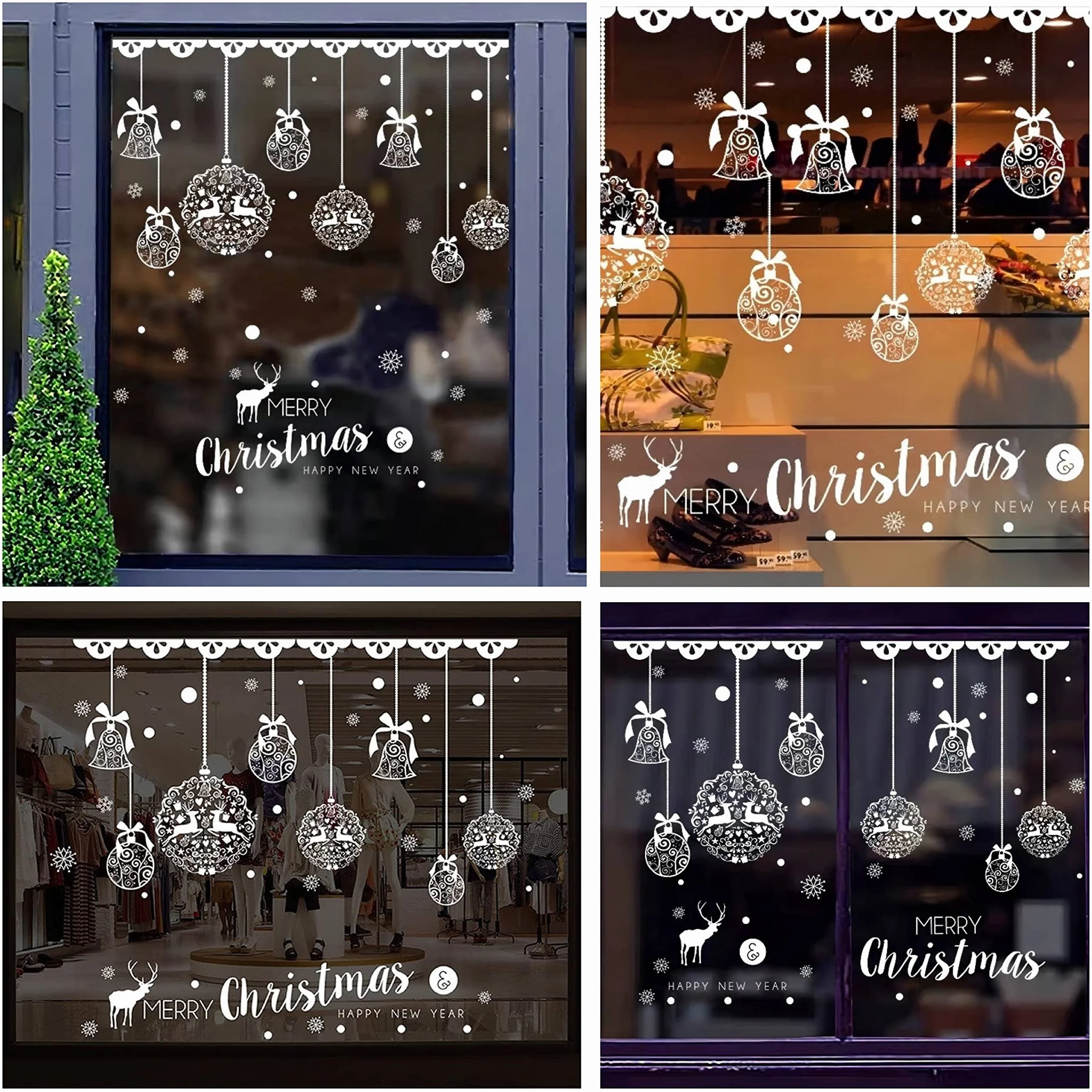 Autocollant fenêtre Noël réutilisable XXL Boules de Noël Flocons de Neige Blanc Décoration Vitres Vitrine Électrostatique Grande
