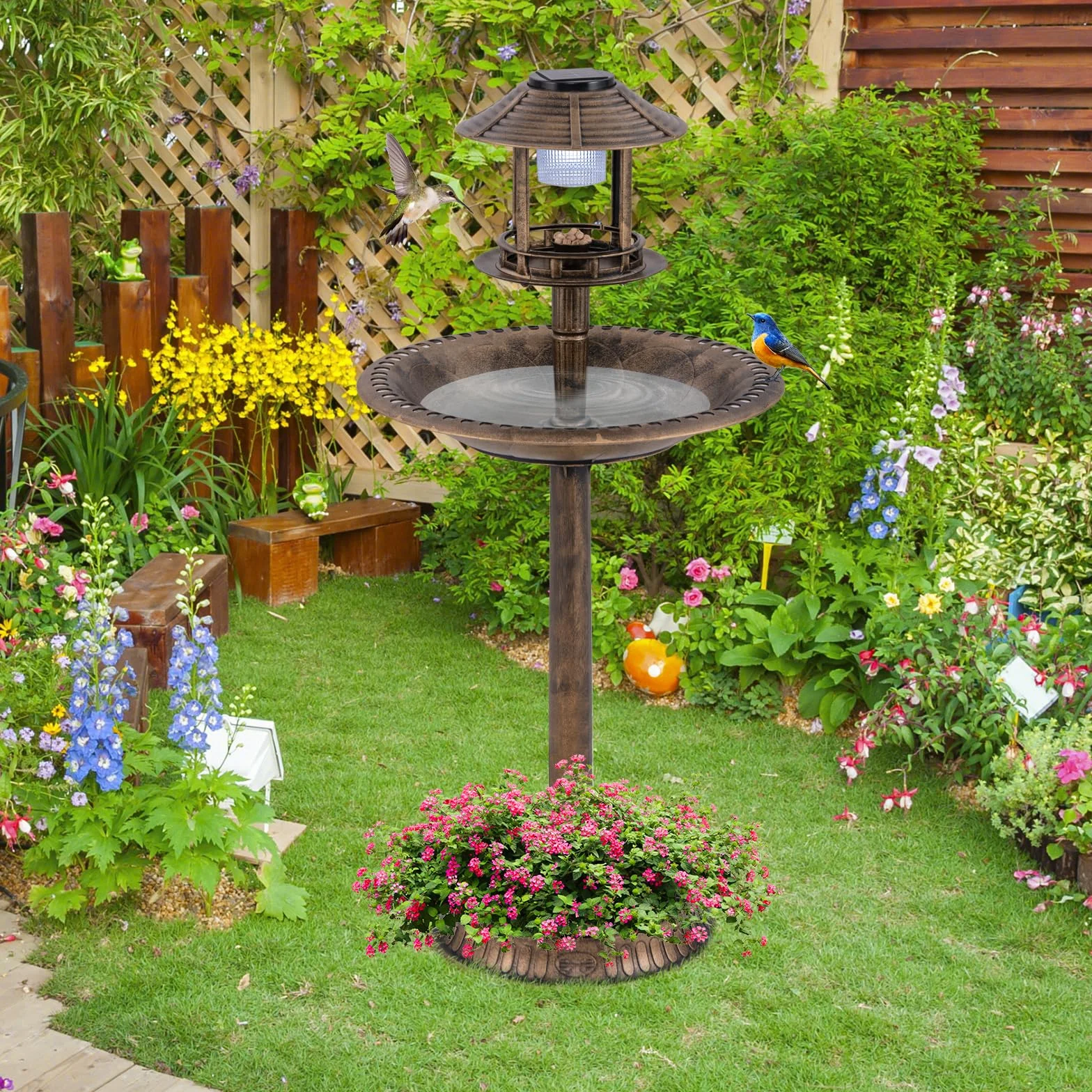 COSTWAY Bain d'oiseaux 3 en 1 Solaire, Décoration Extérieur Pied Rétro Éclairé Lampe Jardinière Mangeoire Abreuvoir Oiseaux Jardin Bronze