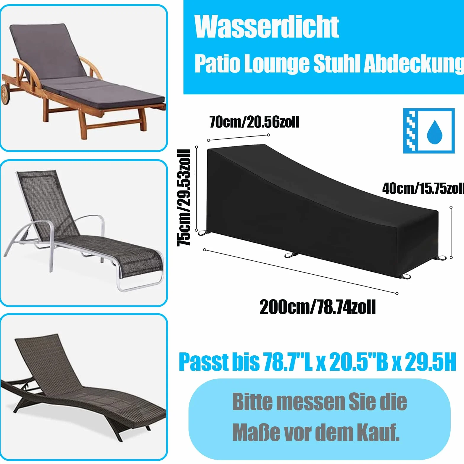 Housses de Protection pour Chaise Longue de Jardin 200x70x40/75 cm Imperméables Tissu Oxford 210D Noir Lot de 2