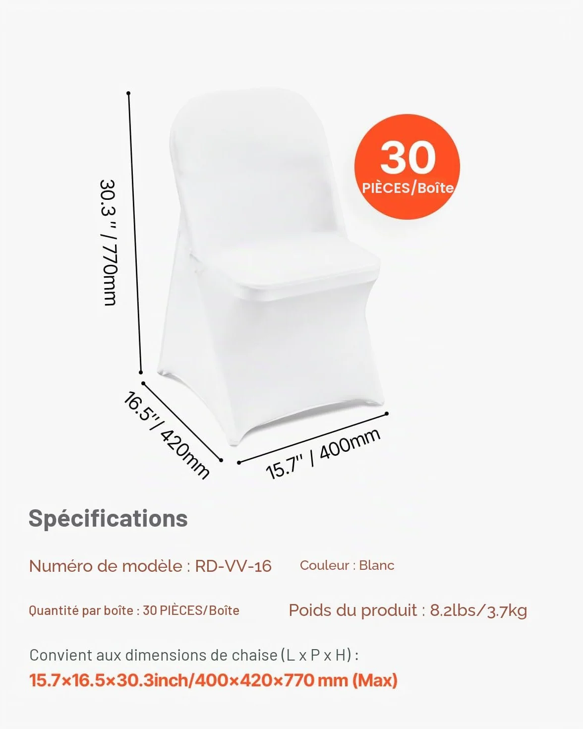 VEVOR Housse de Chaise Spandex 30PCS Universel Taille 406x508x762 mm Blanc
