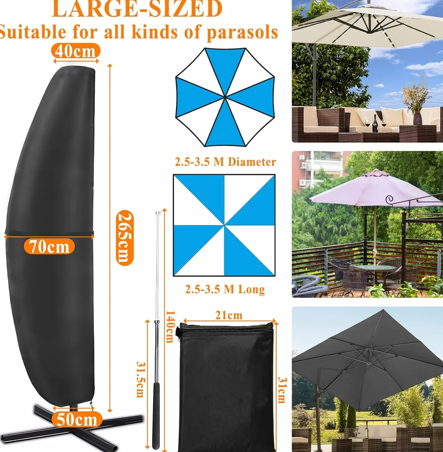 Housse de Protection pour Parasol 420D Imperméable Anti-UV 2,7-3,5 m avec Perche Télescopique