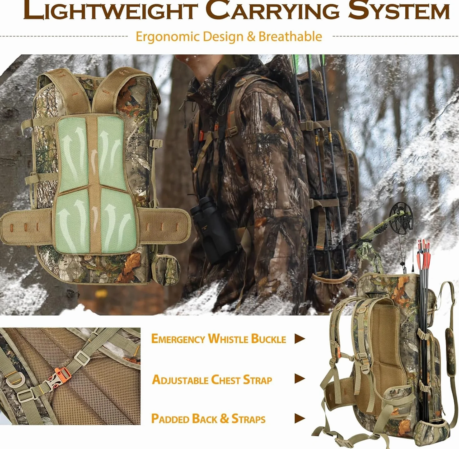 Sac à dos de chasse à l'arc pour homme - Motif camouflage - Sac à dos composite avec support pour archet - Pour élan, dinde, ours et cerf (version mise à jour)