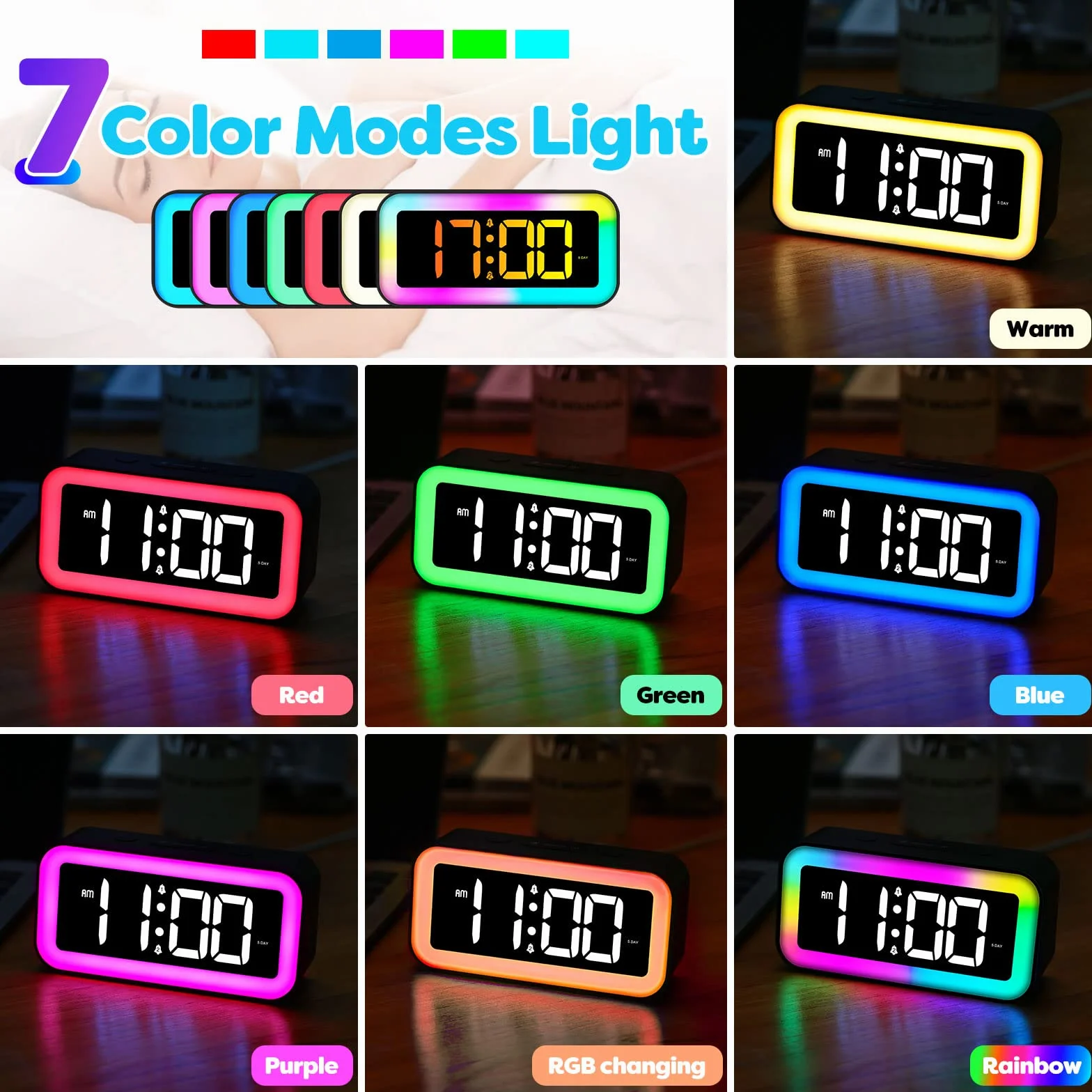 MOSUO Réveil Numérique Enfant avec Veilleuse LED 7 Couleurs, Alarme 2 Modes, Luminosité Réglable, Snooze, Commande Vocale, 12/24H, Port USB