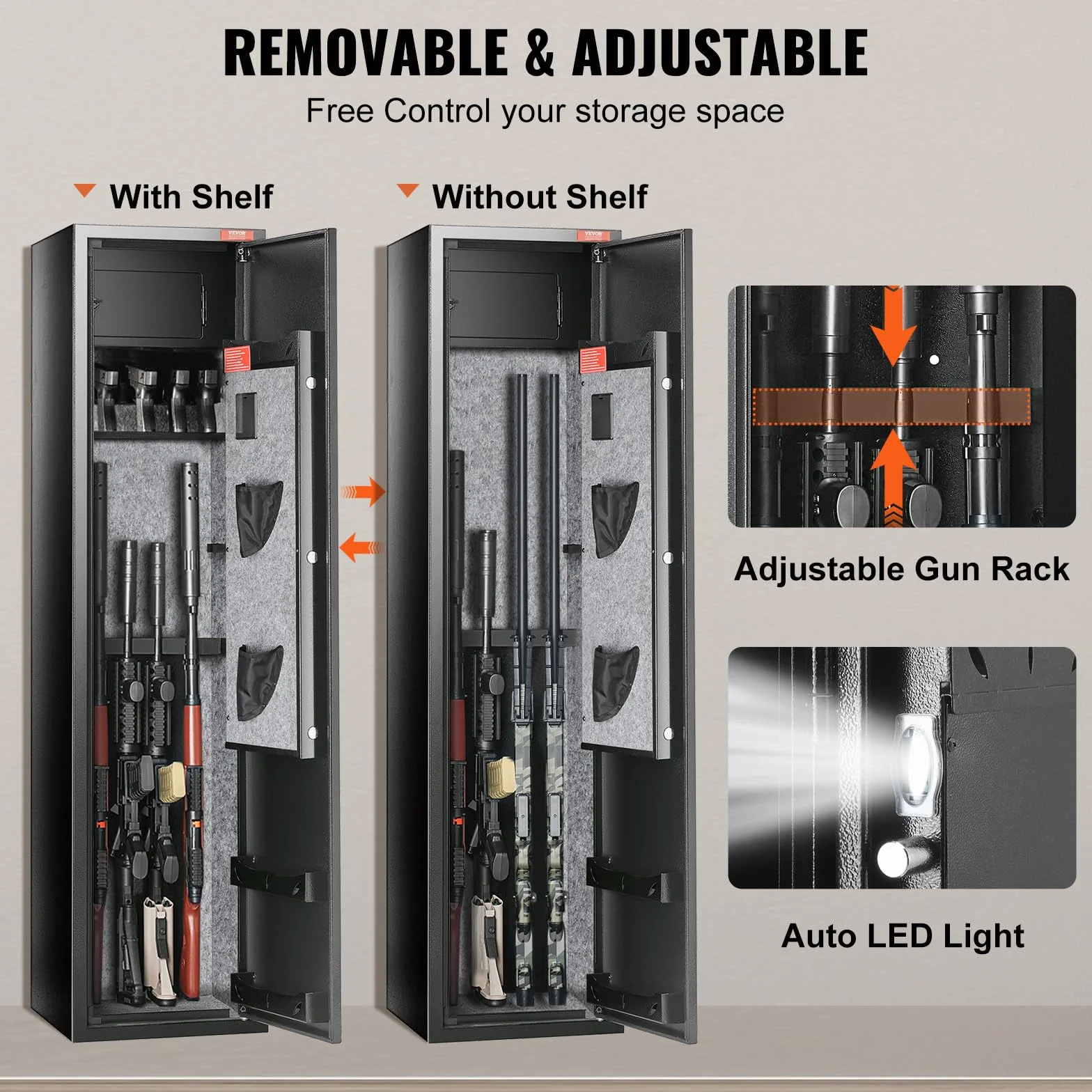 VEVOR Armoire à 7-8 Fusils, Coffre-Fort pour Armes à Feu avec 2 Façons de Verrouillage Clavier Numérique et Clés, avec Casier Intégré et Étagère Amovible, pour Rangements des Armes Longues, Maison