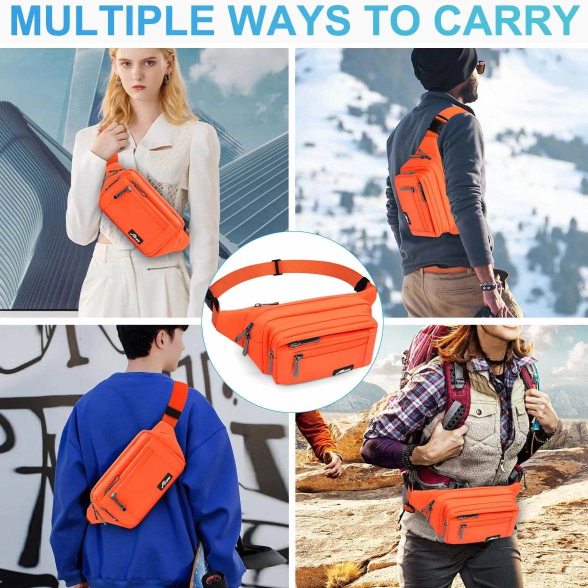 REETEE Sac Banane Homme Imperméable Sacoche Banane avec 5 Poches et Sangle Réglable, Grande Capacité Sac Banane pour Homme Femme Voyage Randonnée Pochette Ceinture (A-Orange)