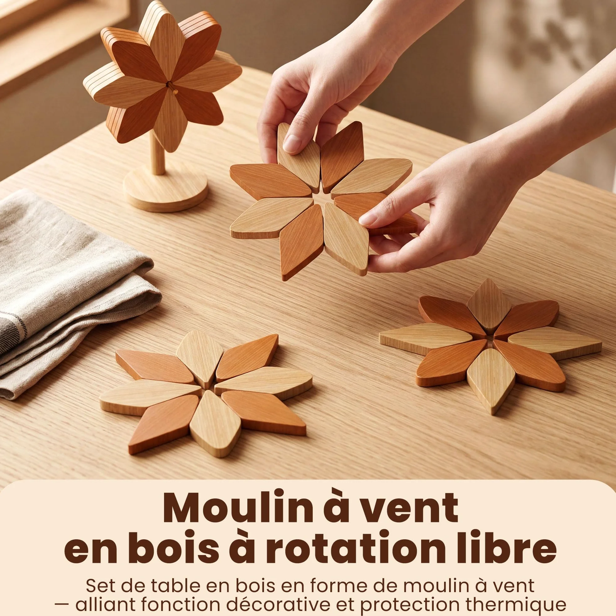 Dessous de Plat Isolé en Bois et Bambou Marron Beige 15cm Résistant Plats Chauds Décoratif Pratique