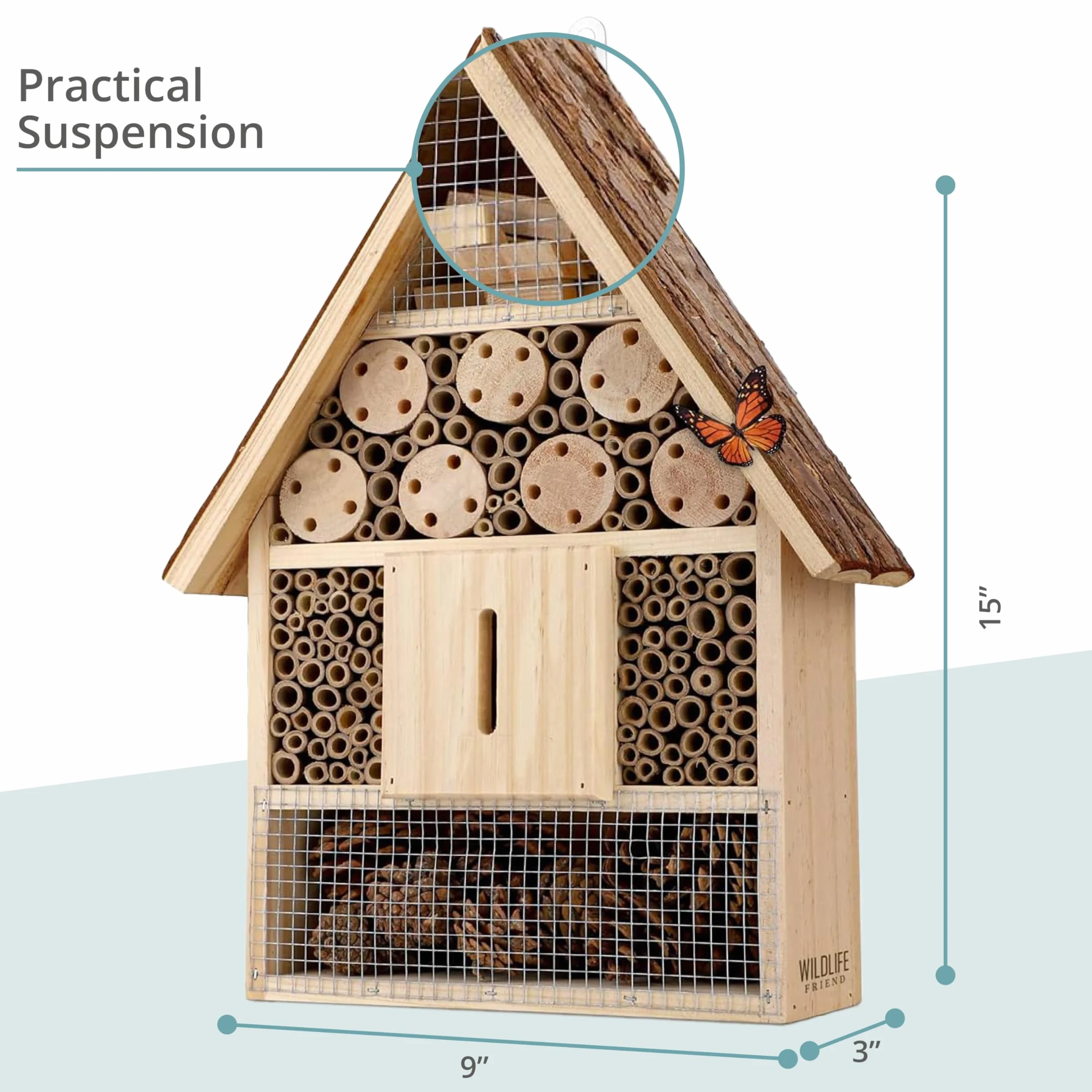 Hotel à Insectes en Bois avec Toit en écorce 40cm pour Abeilles Coccinelles Papillons