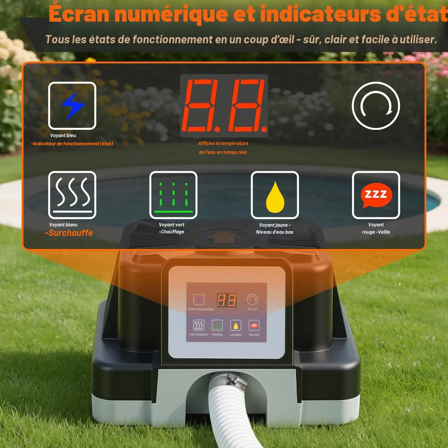 Chauffage de piscine électrique 3 kW, protection FI, anti-basculement, affichage numérique, étanche, pour piscines hors sol 3 m³, raccord 32-38 mm