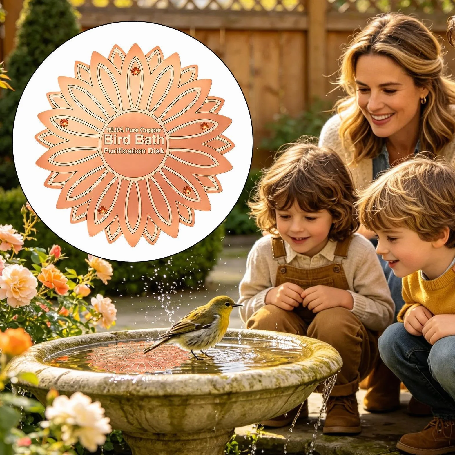Disque cuivre bain oiseaux fleurs prévention algues jardin