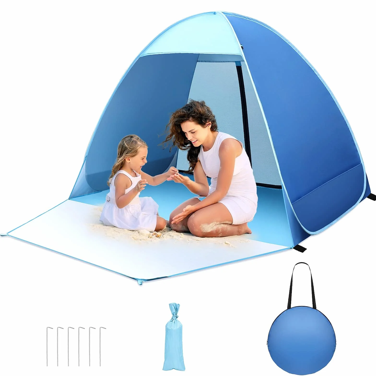 Tente de Plage, Tente de Plage Anti UV 50+ avec Porte Arrière Zippée Abri de Plage 1-2 Personnes Petit Emballage pour Protection Solaire Plage, Jardin