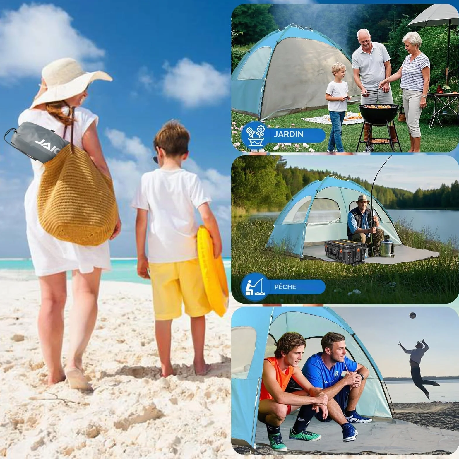 Tente de plage JAICOM pour 2 à 3 personnes, avec protection UV UPF 50+, légère, montage rapide, fenêtres aérées, famille, plage, jardin, camping