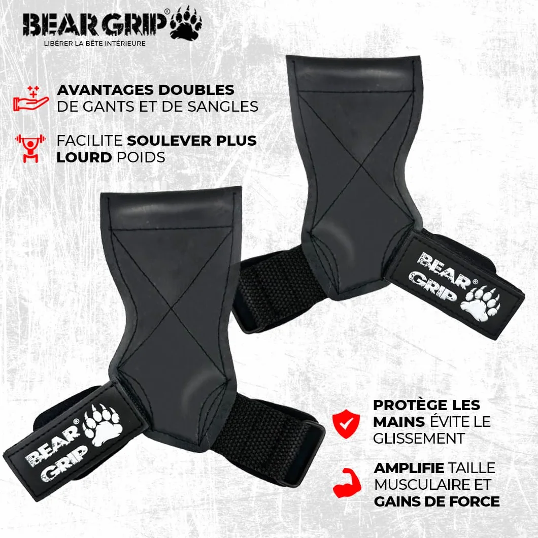 BEAR GRIP Gants de Musculation Haut de Gamme à Sangles et Crochets, Ultra-résistants, pour haltérophilie, soulevé de Terre et Force athlétique