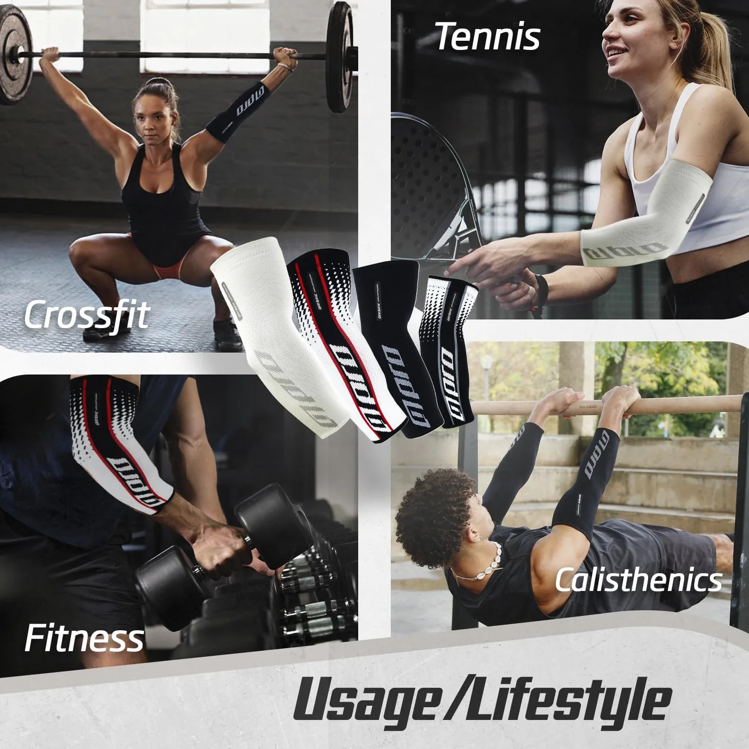 Coudières de compression sportives (paire) - Manches de support pour coudes - Antidérapantes et élastiques pour la callisthénie, le fitness, la gym - Homme/Femme (Noir, X-Large), blanc, L