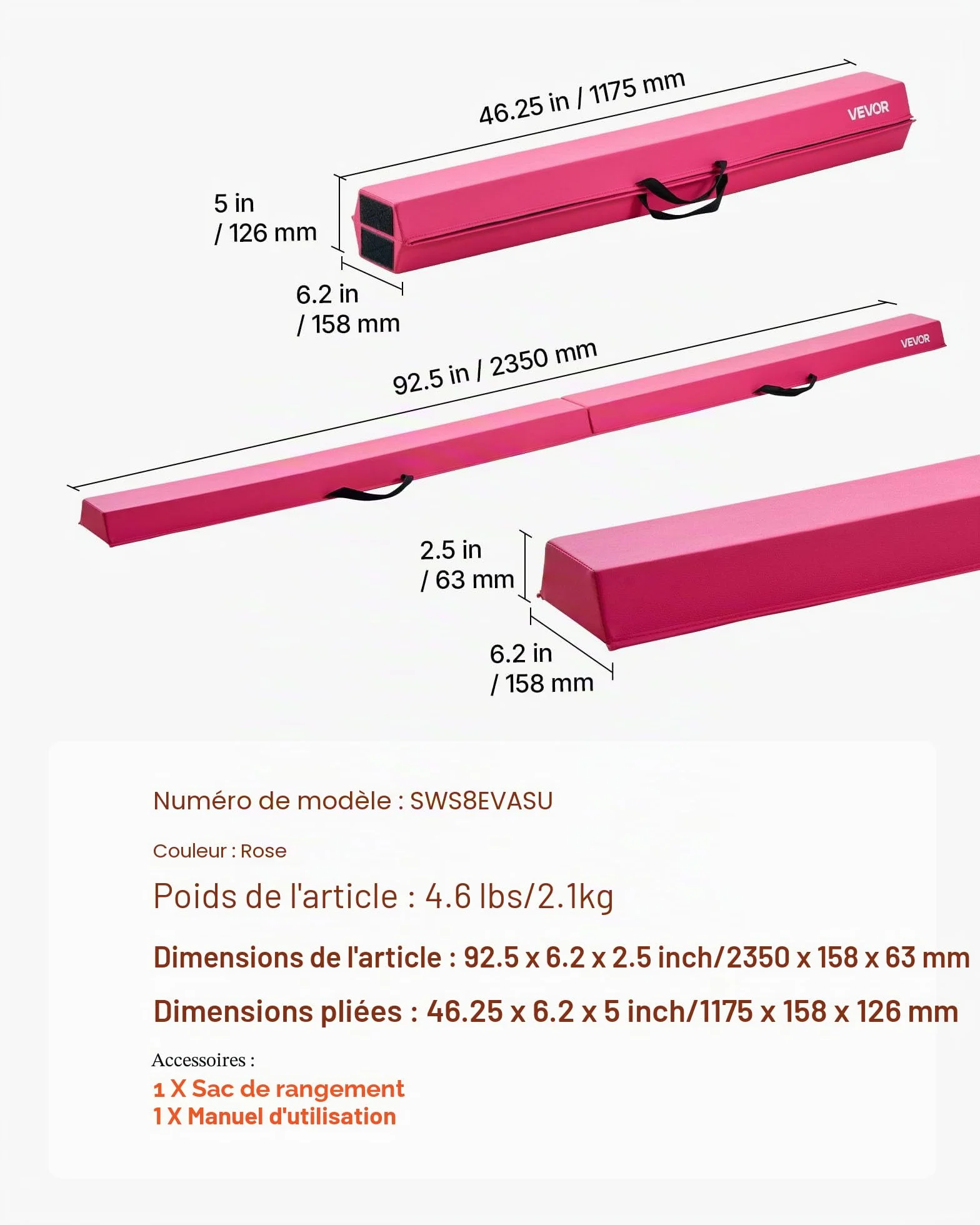 VEVOR Poutre d'équilibre 2,4 m pour enfants – Poutre de sol gymnastique antidérapante avec tapis, noyau bois EVA et sac de transport