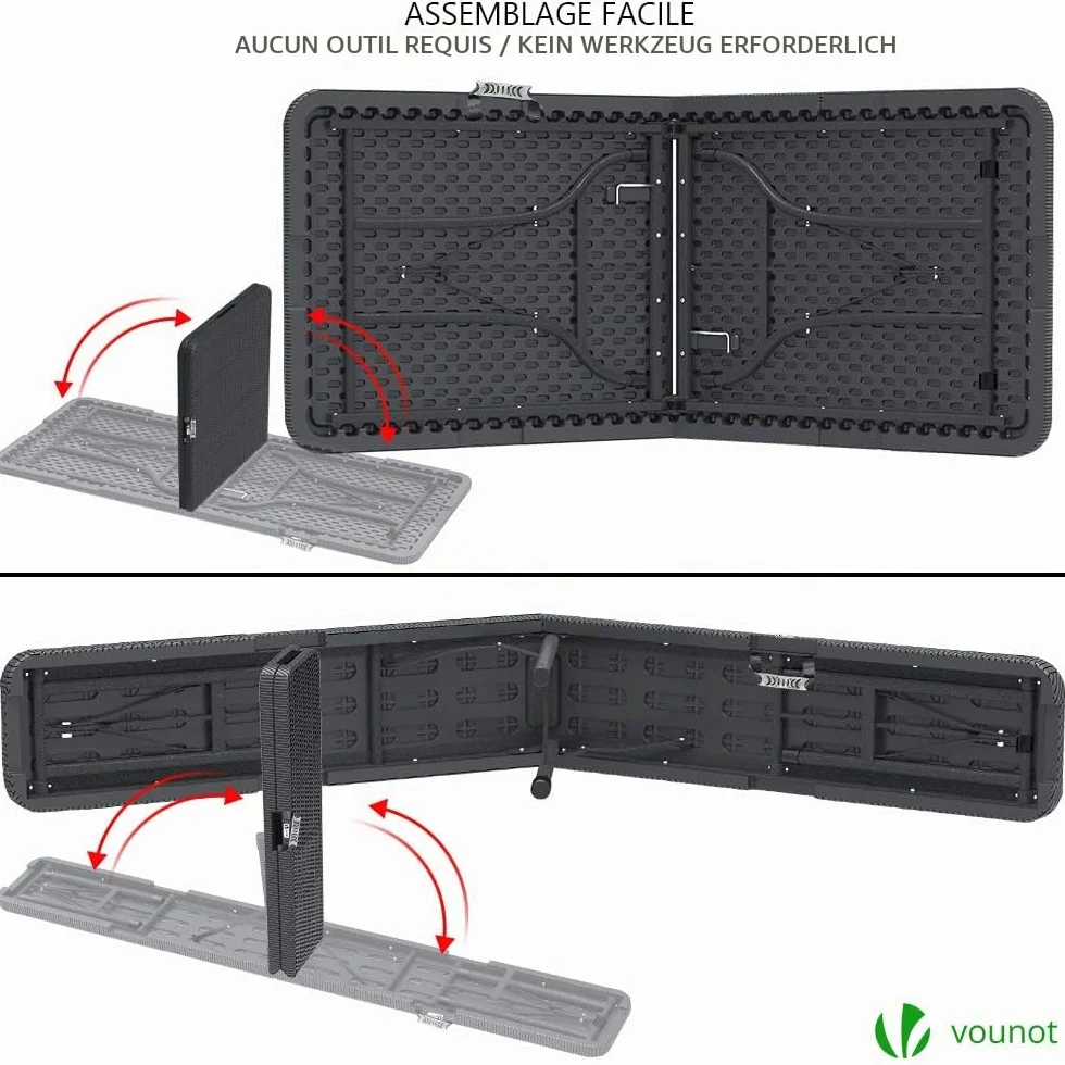 Ensemble Table Pliante et Bancs Pliables Camping 180cm HDPE Polyrotin 8 Places Noir