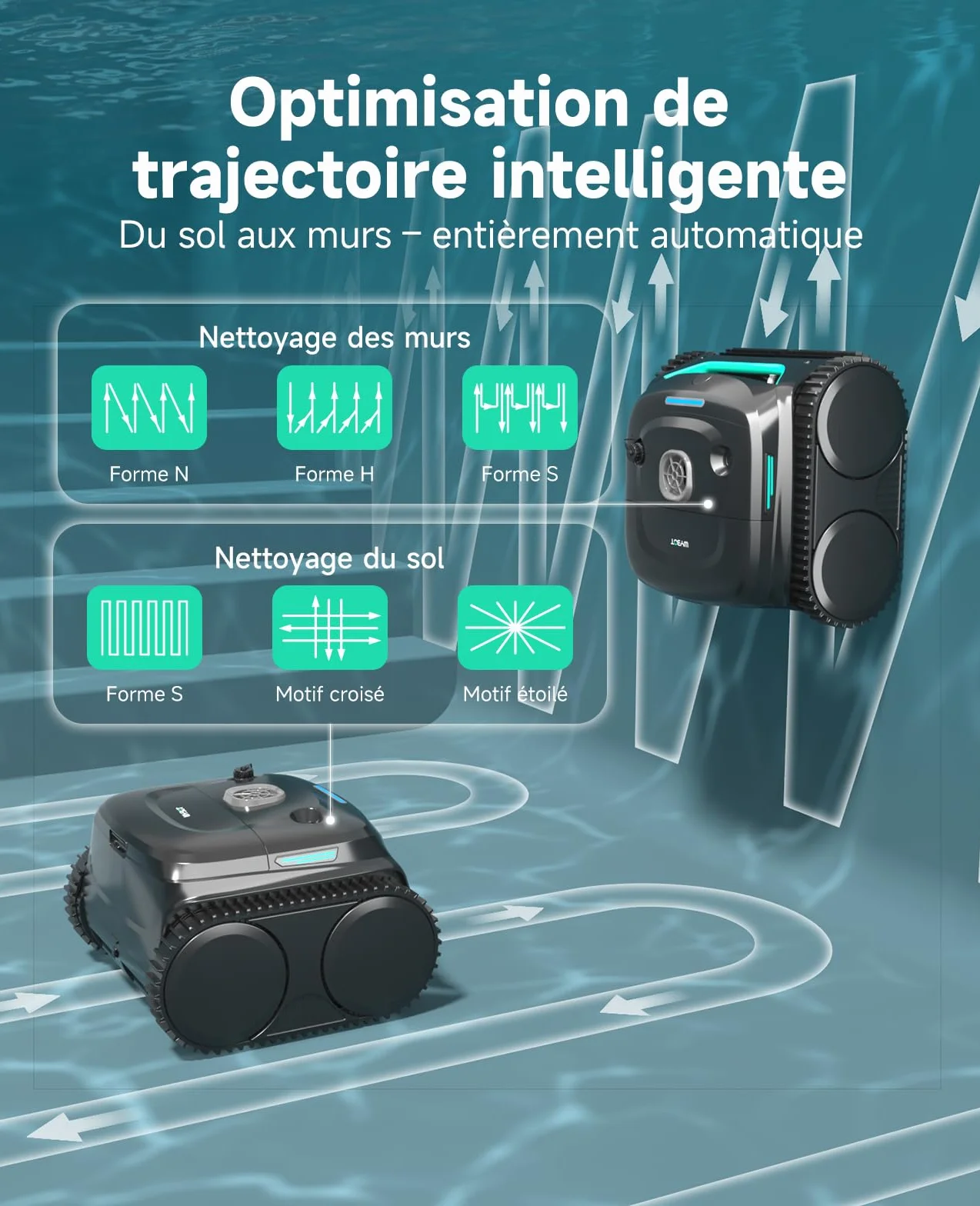 WYBOT C2 Robot Piscine sans Fil, Double Filtration, 3 Moteurs, Aspiration Puissante, 180 Min, pour Piscines Enterrées 150㎡