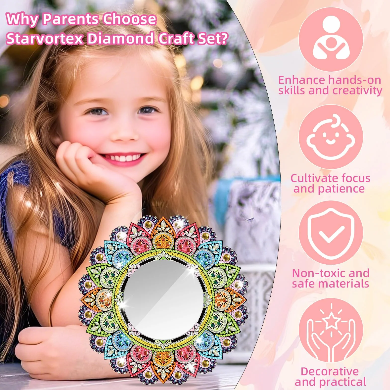 Starvortex 5D Diamond Painting Mirror Kit, Décoration Cristal DIY Mandala Miroir Maquillage, Activité Manuelle Enfant